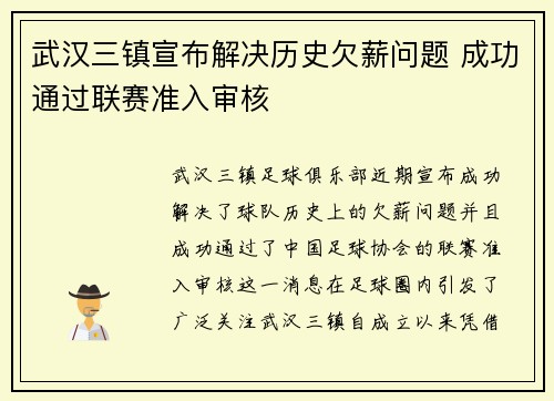 武汉三镇宣布解决历史欠薪问题 成功通过联赛准入审核